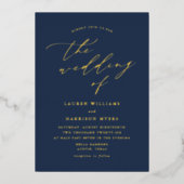 ネイビーと金ゴールドのスクリプト結婚の写真 箔招待状 (正面)