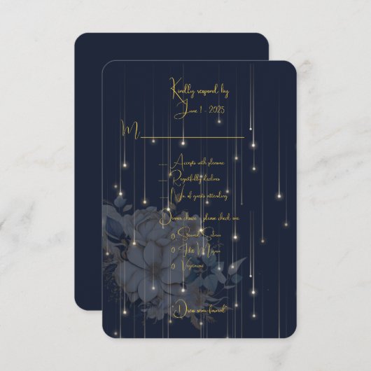ネイビーと金ゴールドのフォーマル準結婚速応答カード 出欠カード (正面/裏面)