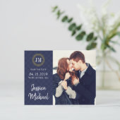 ネイビーと金ゴールドの写真Save the Dateカスタムテンプレート 案内ポストカード (スタンド正面)