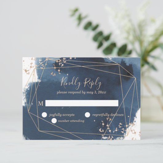 ネイビーと金ゴールドの幾何学的な結婚式RSVP 出欠カード (スタンド正面)