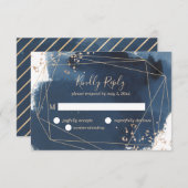 ネイビーと金ゴールドの幾何学的な結婚式RSVP 出欠カード (正面/裏面)