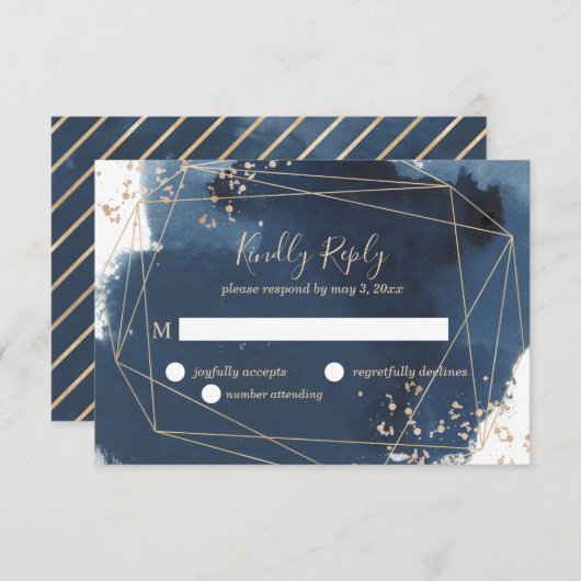 ネイビーと金ゴールドの幾何学的な結婚式RSVP 出欠カード (正面/裏面)
