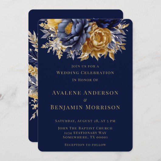 ネイビーと金ゴールドの水の色の牡丹結婚のお祝い 招待状 (正面/裏面)