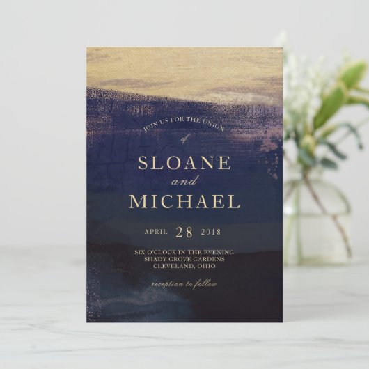 ネイビーと金ゴールドの水彩洗モダン浄結婚剤 招待状 (スタンド正面)