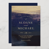 ネイビーと金ゴールドの水彩洗モダン浄結婚剤 招待状 (正面/裏面)