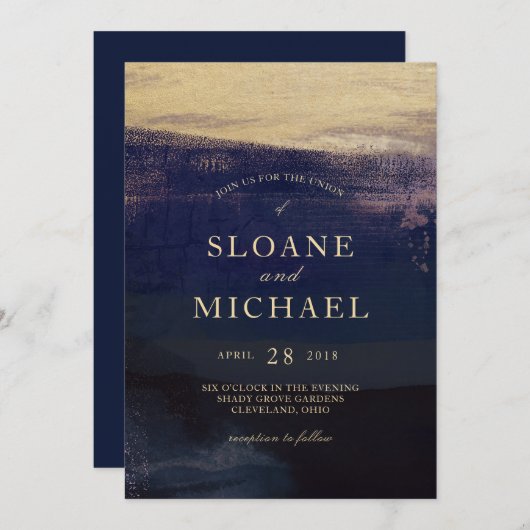 ネイビーと金ゴールドの水彩洗モダン浄結婚剤 招待状 (正面/裏面)