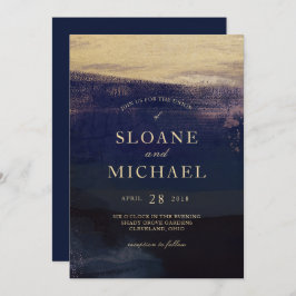ネイビーと金ゴールドの水彩洗モダン浄結婚剤 招待状