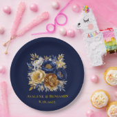 ネイビーと金ゴールドの水彩牡丹の花束結婚の ペーパープレート (パーティー)