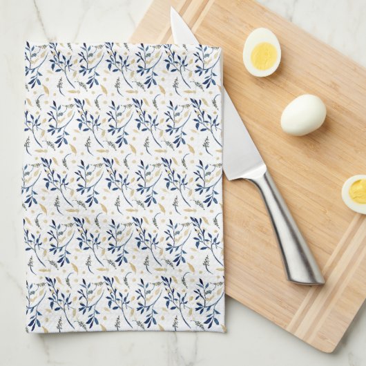 ネイビーと金ゴールドの水色フローラ キッチンタオル (四つ折り)