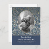 ネイビーと金ゴールドの花シックな写真日付を保存 案内ポストカード (正面/裏面)