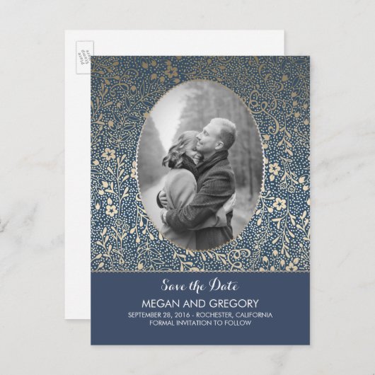 ネイビーと金ゴールドの花シックな写真日付を保存 案内ポストカード (正面/裏面)