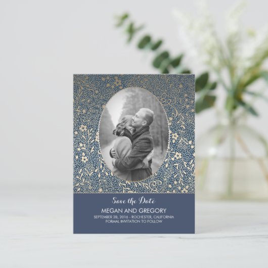 ネイビーと金ゴールドの花シックな写真日付を保存 案内ポストカード (スタンド正面)