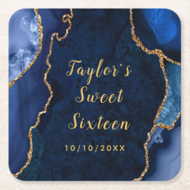 ネイビーと金ゴールドアガテマーブルSweet sixteen スクエアペーパーコースター
