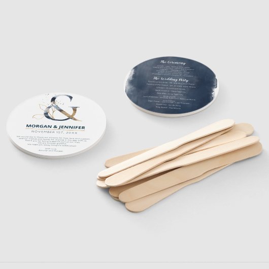 ネイビーと金ゴールドアンパサンド結婚式 プログラム ハンドファン (組立なし)