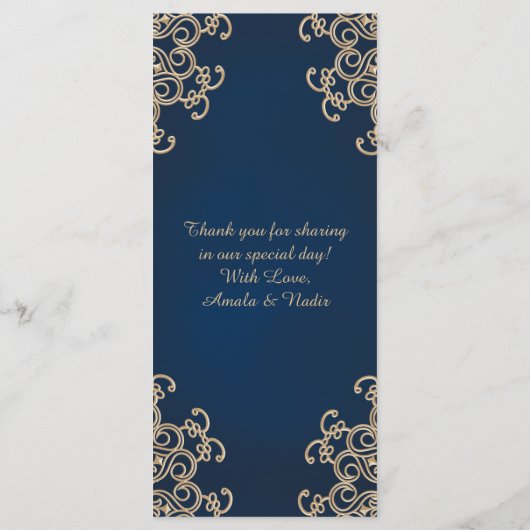 ネイビーと金ゴールドインディアン結婚スタイルのメニューカード メニュー (裏面)