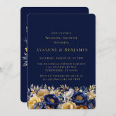 ネイビーと金ゴールドウォーターカラー牡丹ウェディングシャワー 招待状 (正面/裏面)