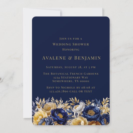 ネイビーと金ゴールドウォーターカラー牡丹ウェディングシャワー 招待状 (正面)