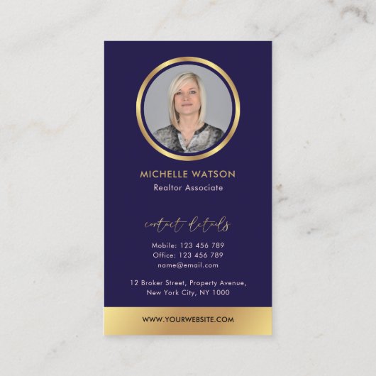 ネイビーと金ゴールドエレガントのロ実在ゴの写真 名刺 (裏面)