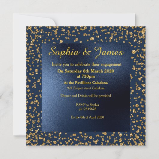 ネイビーと金ゴールドエレガントスパークル婚約 招待状 (正面)