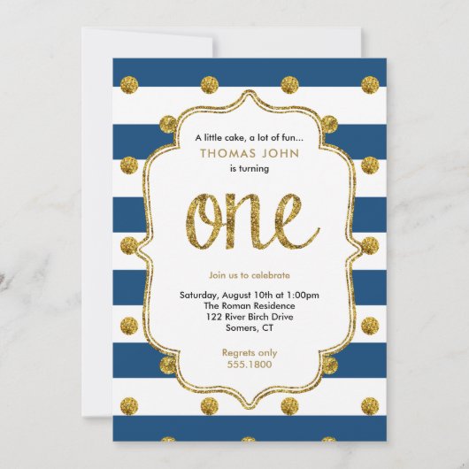 ネイビーと金ゴールドグリッターファースト誕生日招待状 招待状 (正面)