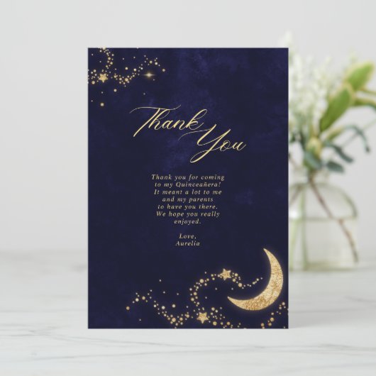 ネイビーと金ゴールドザスターズの下のキンセニェラ写真 サンキューカード (スタンド正面)