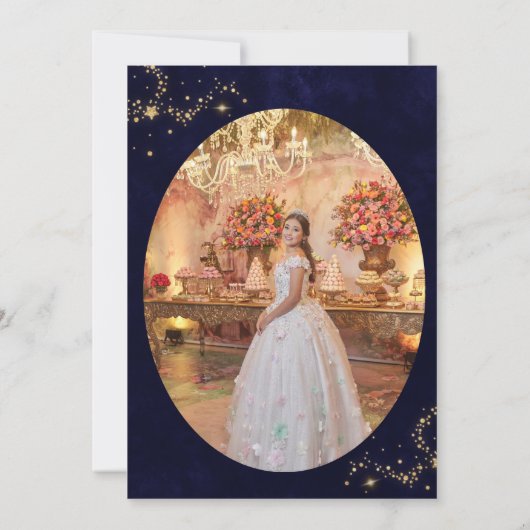 ネイビーと金ゴールドザスターズの下のキンセニェラ写真 サンキューカード (裏面)