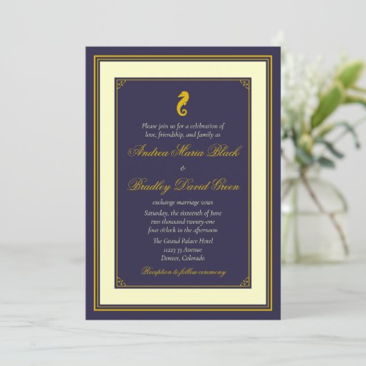 ネイビーと金ゴールドシーホース航海の結婚式招待状 招待状 (スタンド正面)