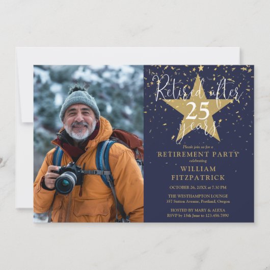 ネイビーと金ゴールドスターズの写真の引退パーティー 招待状 (正面)