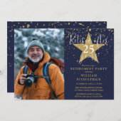 ネイビーと金ゴールドスターズの写真の引退パーティー 招待状 (正面/裏面)