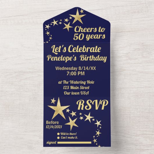 ネイビーと金ゴールドスター応援へ50年誕生日 オールインワン招待状 (内側)
