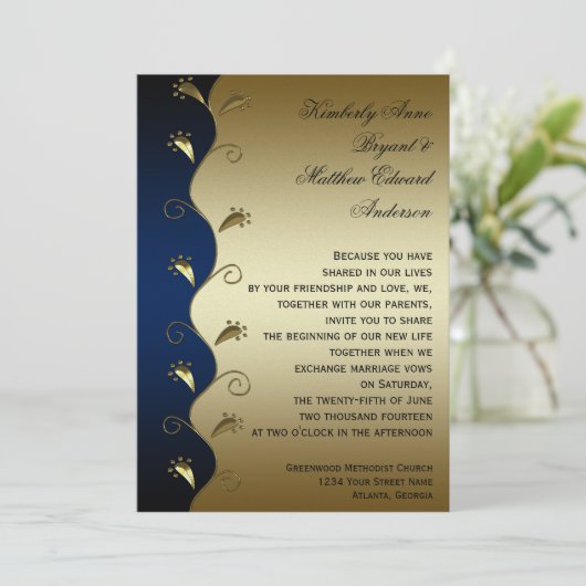 ネイビーと金ゴールドスワール結婚式招待状 招待状 (スタンド正面)