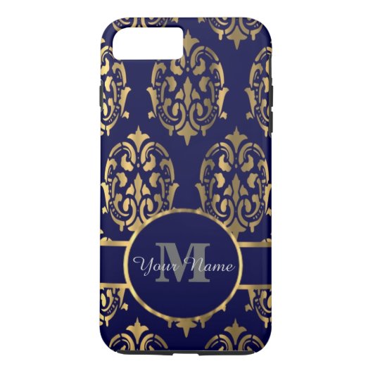 ネイビーと金ゴールドダマスクモノグラム Case-Mate iPhoneケース (裏面)