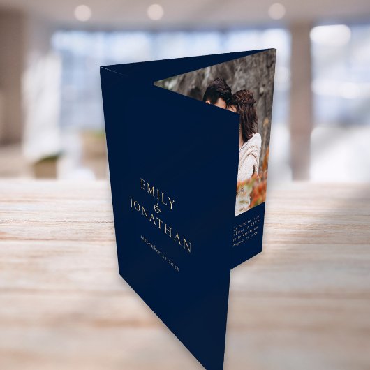 ネイビーと金ゴールドフォトQRコードタイムラ結婚イン 三つ折り招待状