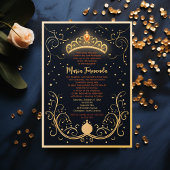 ネイビーと金ゴールドフローラクラウンキンセニェラパーティー 招待状