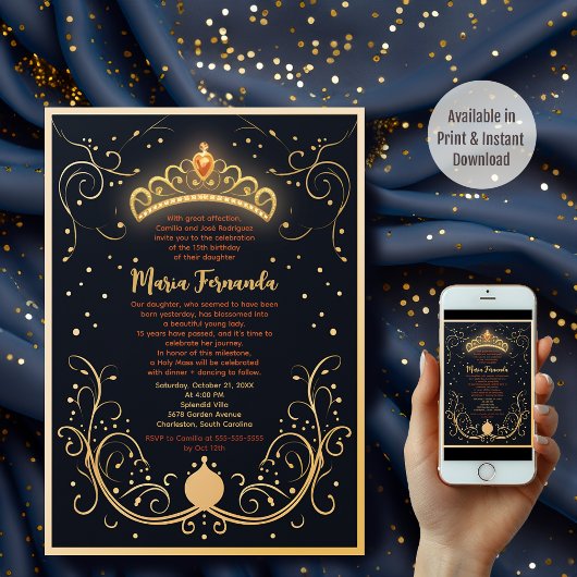 ネイビーと金ゴールドフローラクラウンキンセニェラパーティー 招待状