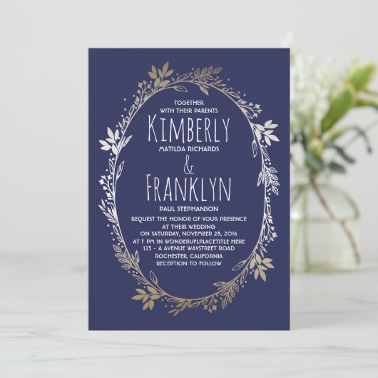ネイビーと金ゴールドフローラ結婚リース 招待状 (スタンド正面)