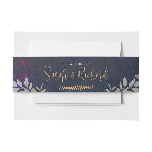 ネイビーと金ゴールドボタニカルベルベットラグジュアリー結婚ズ 招待状ベリーバンド (正面例)