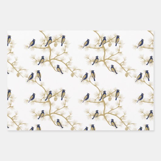 ネイビーと金ゴールドレッドモダン(鳥)ショウジョウコウカンチョウクリスマス ラッピングペーパーシート (正面)