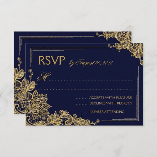 ネイビーと金ゴールドレーエレガントスのRSVPカード 出欠カード (正面/裏面)