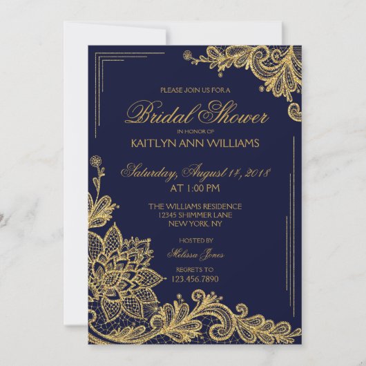 ネイビーと金ゴールドレースブライダルシャワー招待カード 招待状 (正面)