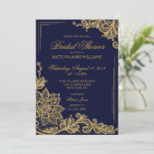 ネイビーと金ゴールドレースブライダルシャワー招待カード 招待状 (スタンド正面)