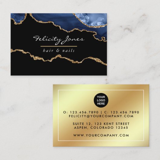 ネイビーと金ゴールド大切アゲート石名刺 名刺 (正面/裏面)