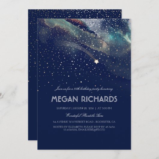 ネイビーと金ゴールド射撃、 発砲スタースター誕生日パーティー 招待状 (正面/裏面)