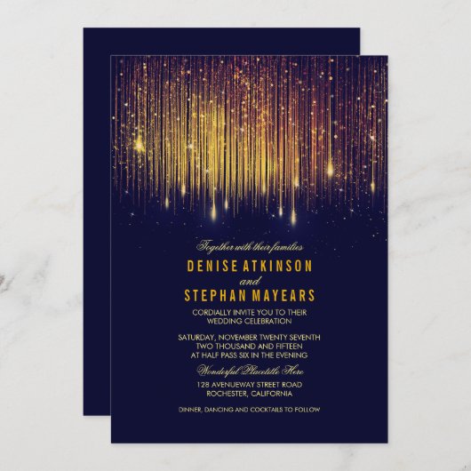 ネイビーと金ゴールド結婚のString Lights招待状 招待状 (正面/裏面)