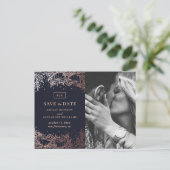 ネイビーと金ゴールド結婚フローラズ。青い日付を保存 ポストカード (スタンド正面)