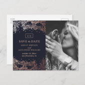 ネイビーと金ゴールド結婚フローラズ。青い日付を保存 ポストカード (正面/裏面)