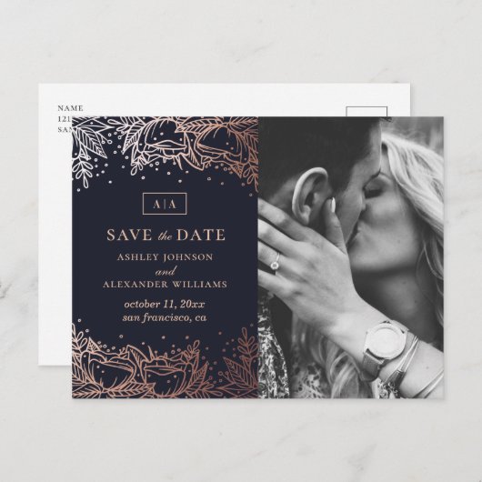 ネイビーと金ゴールド結婚フローラズ。青い日付を保存 ポストカード (正面/裏面)