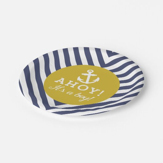 ネイビーと金ゴールド航海ののChevron赤ちゃんシャワー ペーパープレート (アングル)