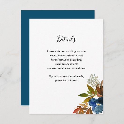 ネイビーと錆の水カラーフローラ結婚の詳細 エンクロージャーカード (正面/裏面)