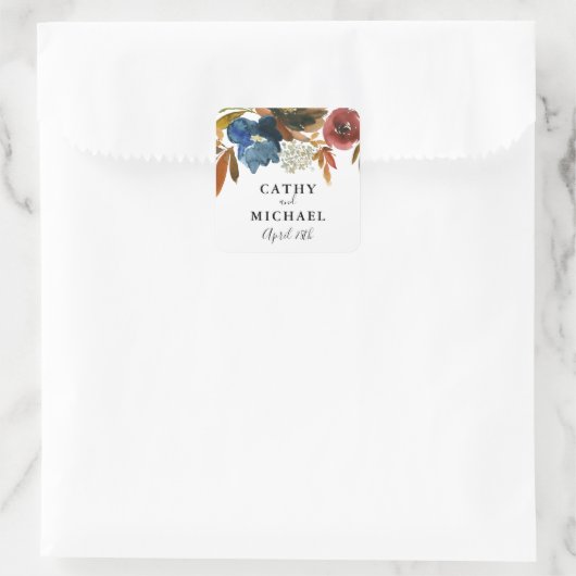 ネイビーと錆の水カラーフローラ結婚式の引き出物 スクエアシール (バッグ)